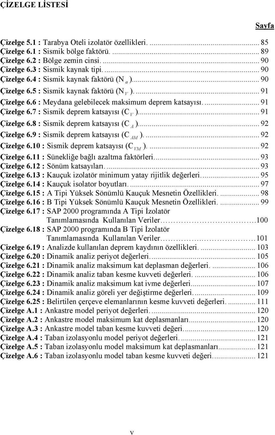 .. 91 Çizelge 6.8 : Sismik deprem katsayısı (C A )... 92 Çizelge 6.9 : Sismik deprem katsayısı (C AM ).... 92 Çizelge 6.10 : Sismik deprem katsayısı (C VM ).... 92 Çizelge 6.11 : Sünekliğe bağlı azaltma faktörleri.