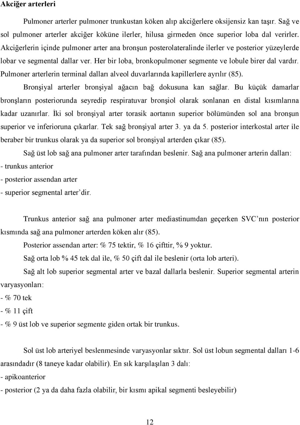 Akciğerlerin içinde pulmoner arter ana bronģun posterolateralinde ilerler ve posterior yüzeylerde lobar ve segmental dallar ver. Her bir loba, bronkopulmoner segmente ve lobule birer dal vardır.