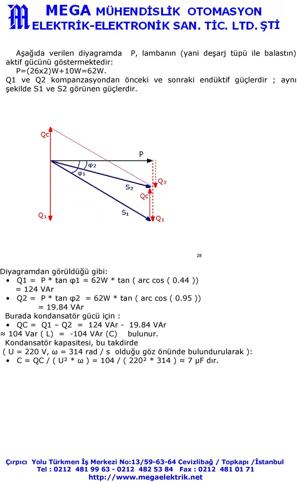 28 Diyagramdan görüldüğü gibi: Q1 = P * tan φ1 = 62W * tan ( arc cos ( 0.44 )) = 124 VAr Q2 = P * tan φ2 = 62W * tan ( arc cos ( 0.95 )) = 19.
