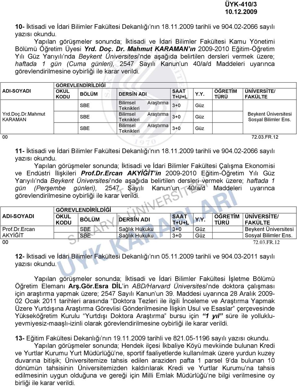 Mahmut KARAMAN ın 2009-2010 Eğitim-Öğretim Yılı Güz Yarıyılı nda Beykent Üniversitesi nde aşağıda belirtilen dersleri vermek üzere; haftada 1 gün (Cuma günleri), 2547 Sayılı Kanun un 40/a/d Maddeleri