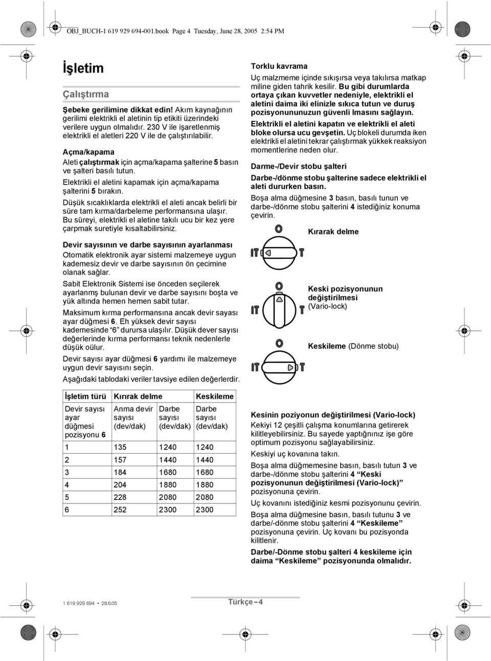 Açma/kapama Aleti çalıştırmak için açma/kapama şalterine 5 basın ve şalteri basılı tutun. Elektrikli el aletini kapamak için açma/kapama şalterini 5 bırakın.