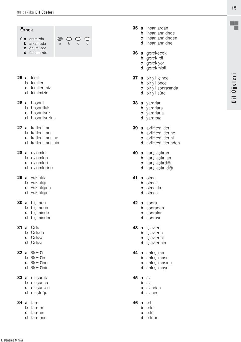 yararlara c yararlarla d yararsız Dil Öğeleri 27 a katledilme b katledilmesi c katledilmesine d katledilmesinin 28 a eylemler b eylemlere c eylemleri d eylemlerine 29 a yakınlık b yakınlığı c