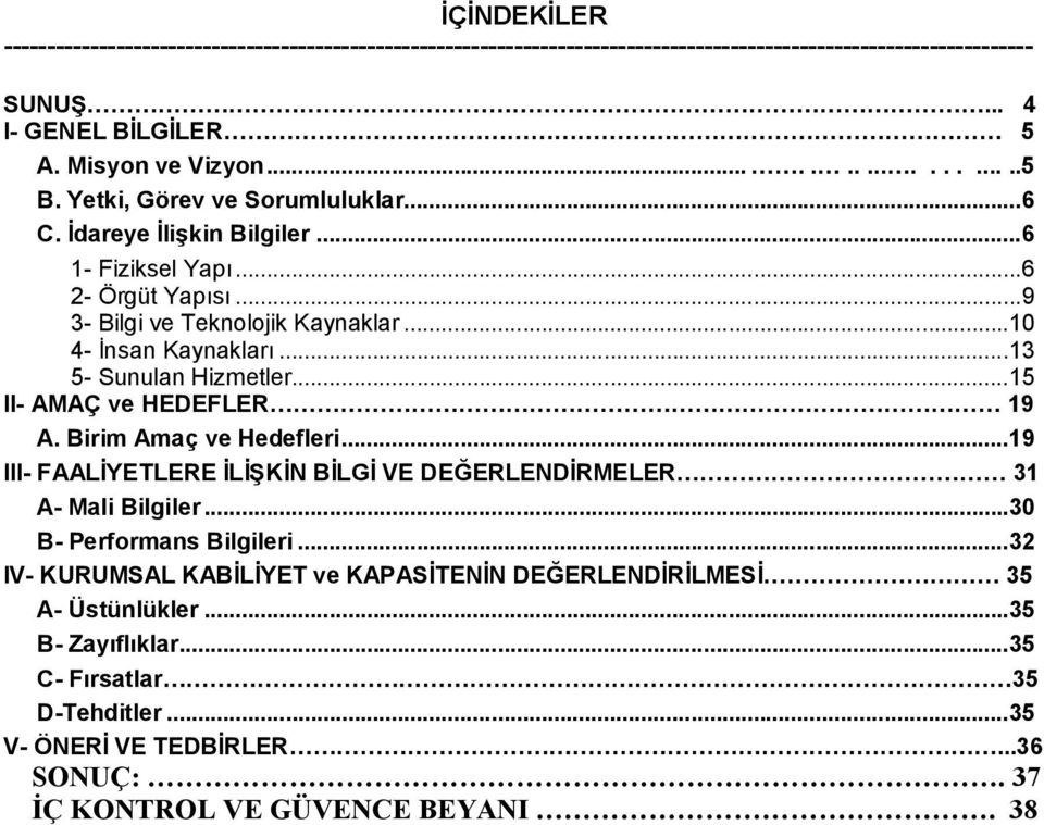 .. 15 II- AMAÇ ve HEDEFLER 19 A. Birim Amaç ve Hedefleri...19 III- FAALİYETLERE İLİŞKİN BİLGİ VE DEĞERLENDİRMELER 31 A- Mali Bilgiler... 30 B- Perfrmans Bilgileri.