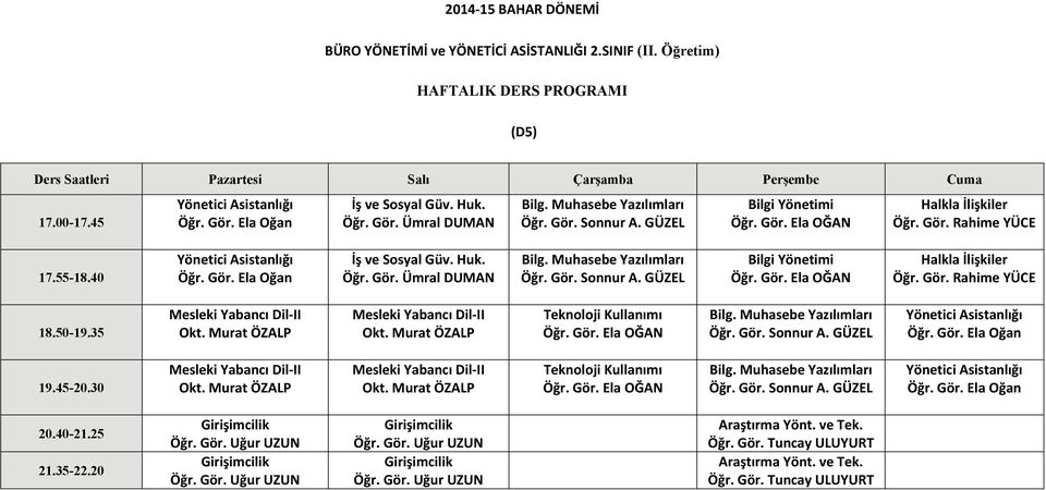 40 İş ve Sosyal Güv. Huk. Bilgi Yönetimi Halkla İlişkiler 18.50-19.