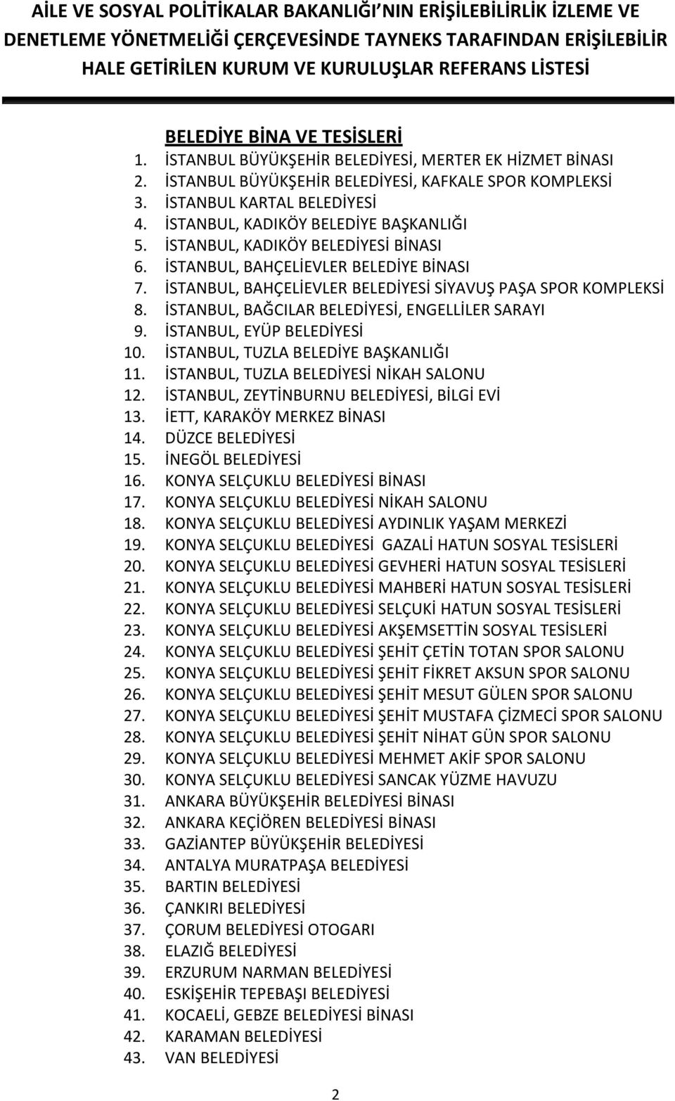 İSTANBUL, BAĞCILAR BELEDİYESİ, ENGELLİLER SARAYI 9. İSTANBUL, EYÜP BELEDİYESİ 10. İSTANBUL, TUZLA BELEDİYE BAŞKANLIĞI 11. İSTANBUL, TUZLA BELEDİYESİ NİKAH SALONU 12.