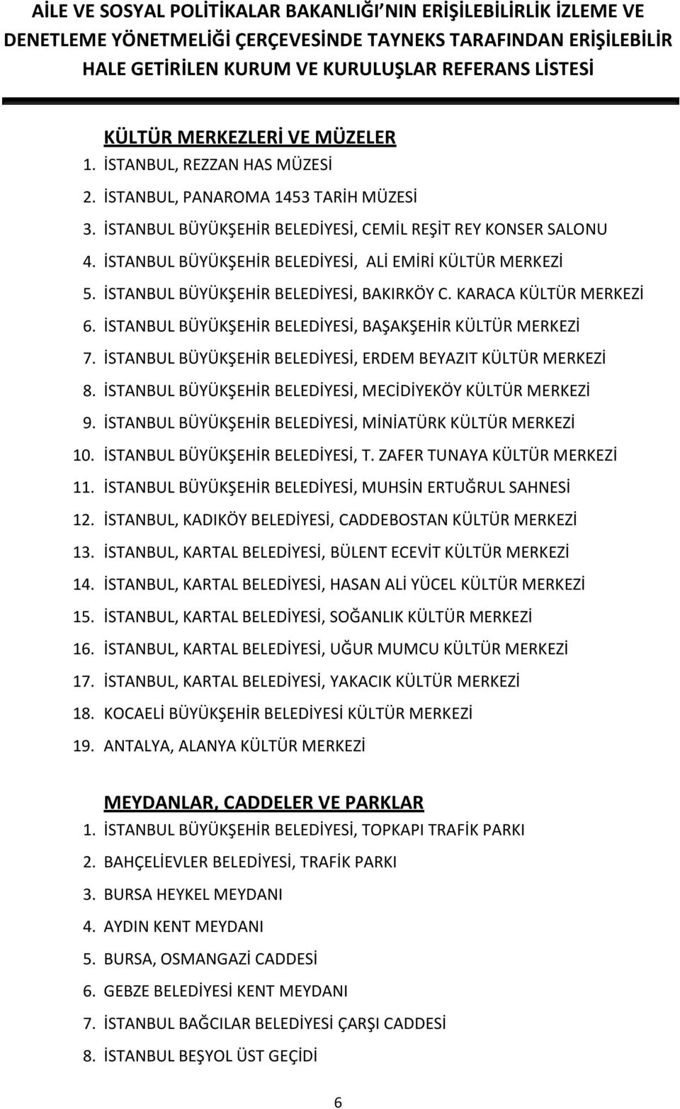 İSTANBUL BÜYÜKŞEHİR BELEDİYESİ, ERDEM BEYAZIT KÜLTÜR MERKEZİ 8. İSTANBUL BÜYÜKŞEHİR BELEDİYESİ, MECİDİYEKÖY KÜLTÜR MERKEZİ 9. İSTANBUL BÜYÜKŞEHİR BELEDİYESİ, MİNİATÜRK KÜLTÜR MERKEZİ 10.