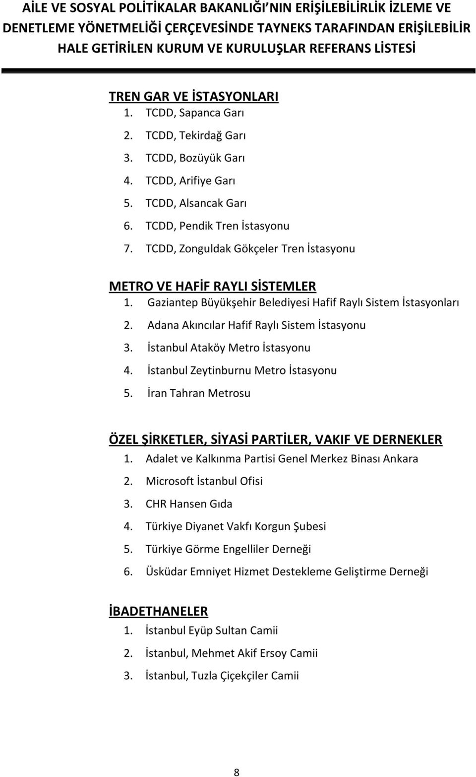 İstanbul Ataköy Metro İstasyonu 4. İstanbul Zeytinburnu Metro İstasyonu 5. İran Tahran Metrosu ÖZEL ŞİRKETLER, SİYASİ PARTİLER, VAKIF VE DERNEKLER 1.