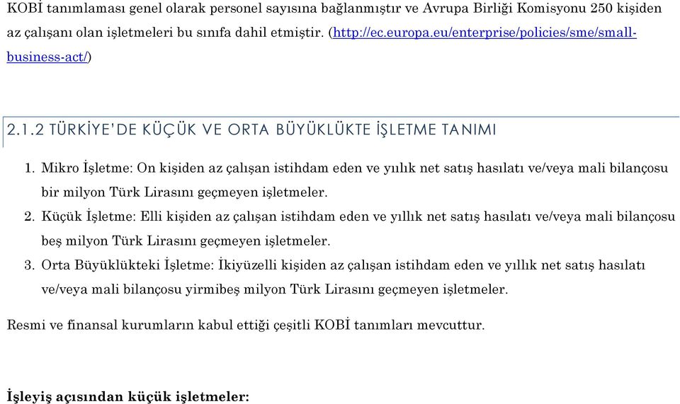 Mikro İşletme: On kişiden az çalışan istihdam eden ve yıılık net satış hasılatı ve/veya mali bilançosu bir milyon Türk Lirasını geçmeyen işletmeler. 2.