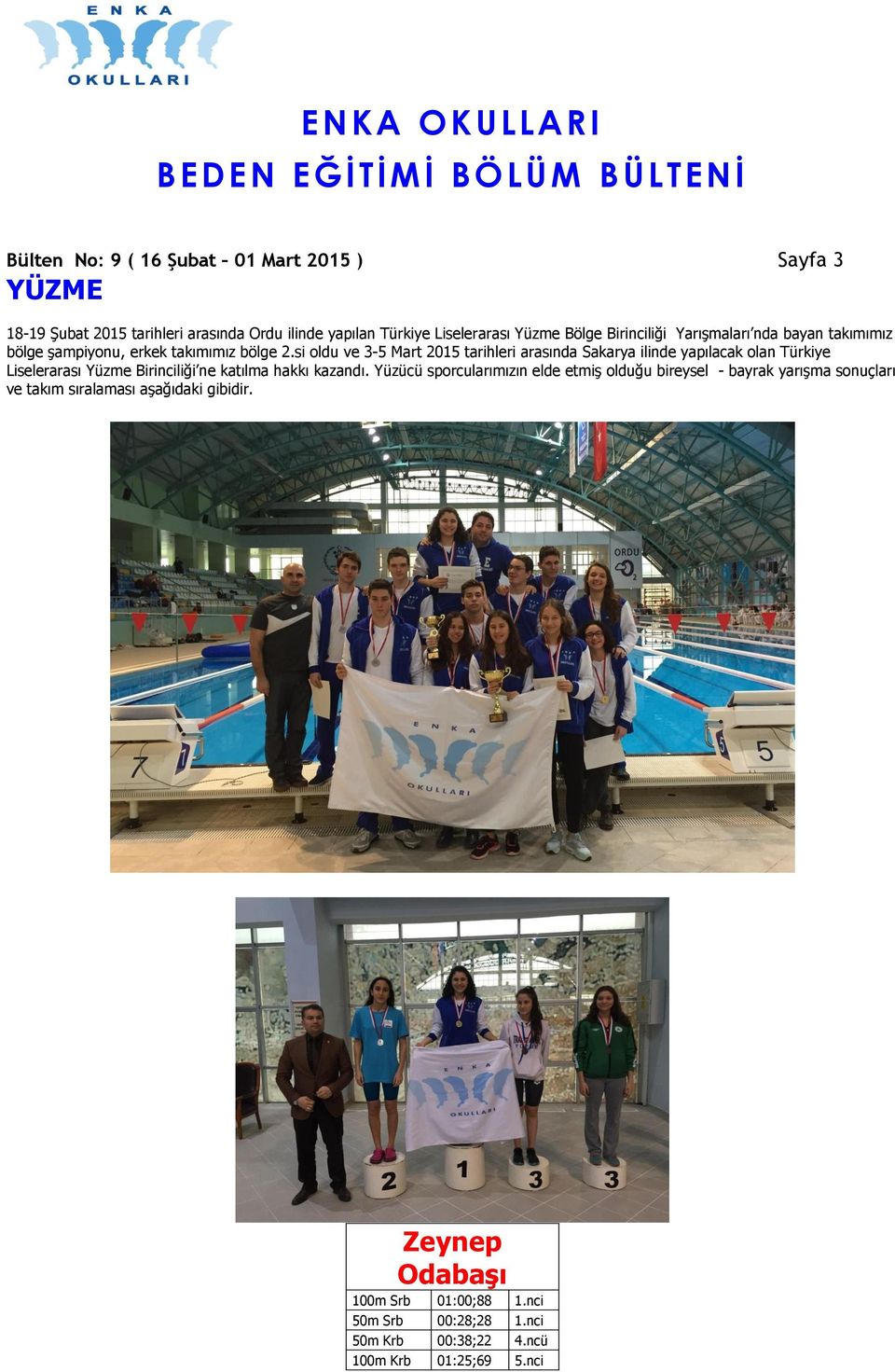 si oldu ve 3-5 Mart 2015 tarihleri arasında Sakarya ilinde yapılacak olan Türkiye Liselerarası Yüzme Birinciliği ne katılma hakkı kazandı.