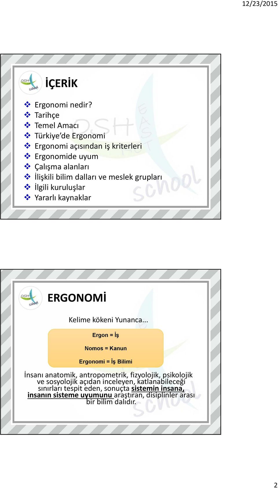 dalları ve meslek grupları İlgili kuruluşlar Yararlı kaynaklar ERGONOMİ Kelime kökeni Yunanca.