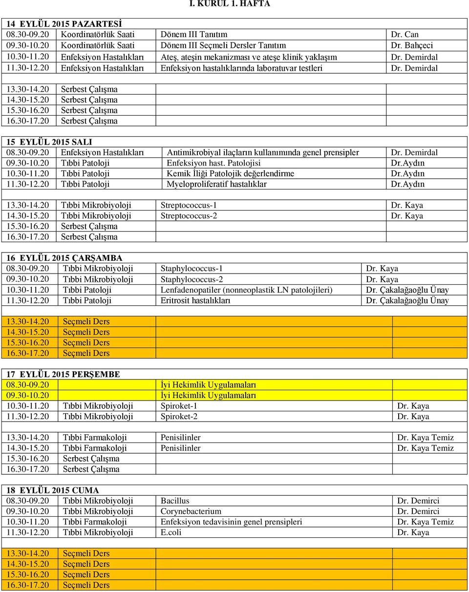 20 Serbest Çalışma 14.30-15.20 Serbest Çalışma 15 EYLÜL 2015 SALI 08.30-09.20 Enfeksiyon Hastalıkları Antimikrobiyal ilaçların kullanımında genel prensipler Dr. Demirdal 09.30-10.