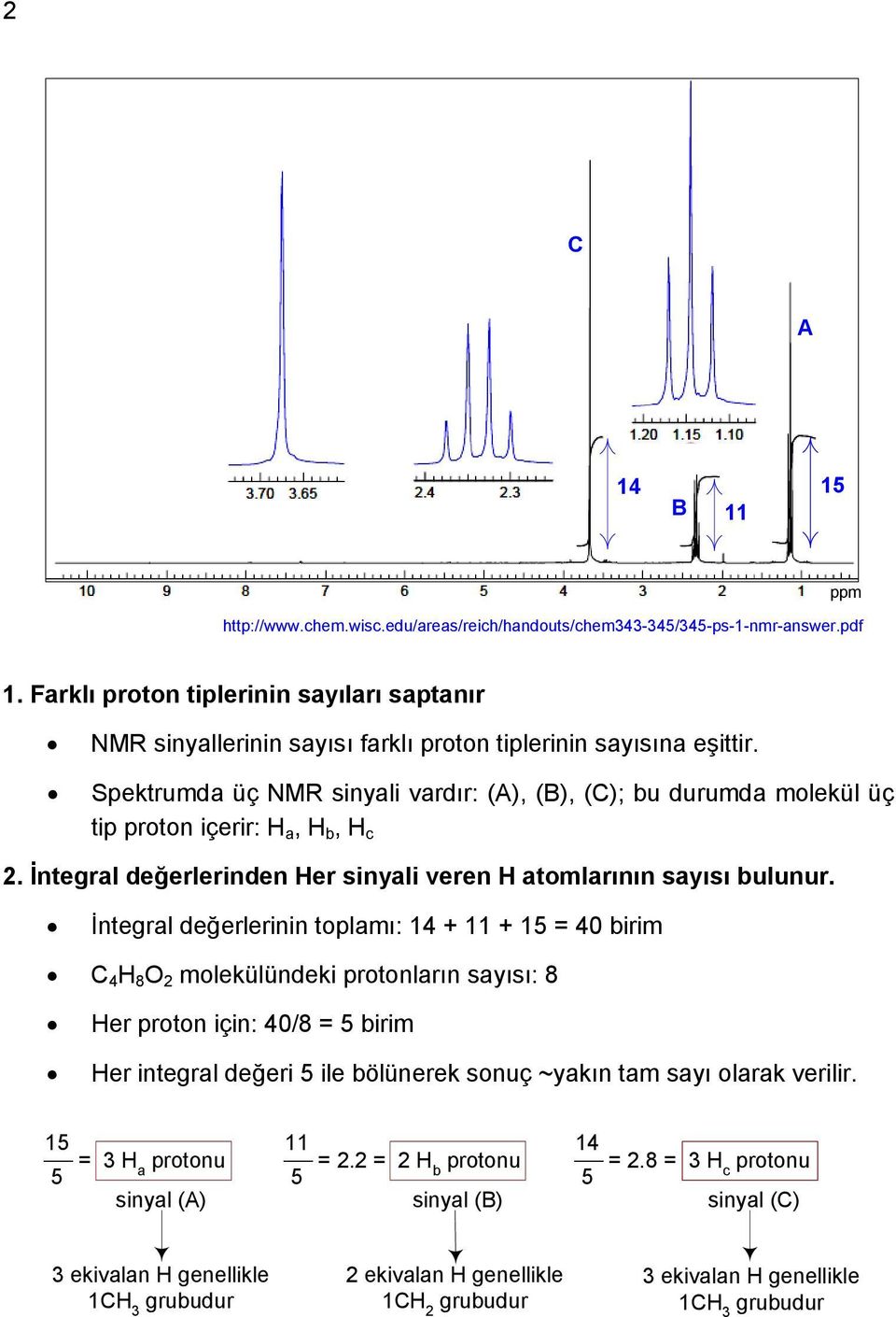 Spektrumda üç NMR sinyali vardır: (A), (B), (); bu durumda molekül üç tip proton içerir: H a, H b, H c. İntegral değerlerinden Her sinyali veren H atomlarının sayısı bulunur.