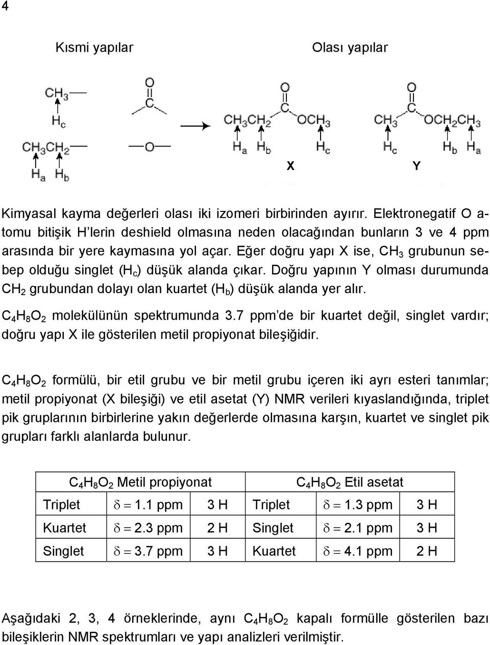 Eğer doğru yapı X ise, H grubunun sebep olduğu singlet (H c ) düşük alanda çıkar. Doğru yapının Y olması durumunda grubundan dolayı olan kuartet (H b ) düşük alanda yer alır.