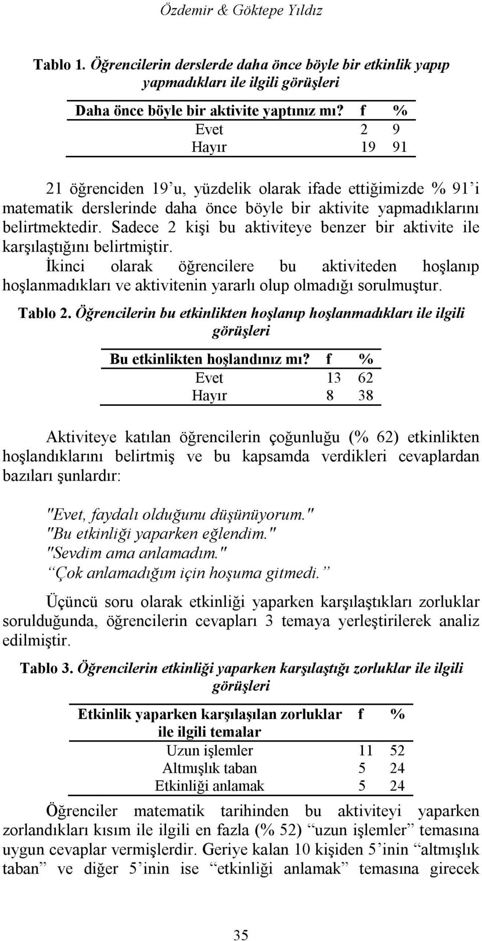 Sadece 2 kişi bu aktiviteye benzer bir aktivite ile karşılaştığını belirtmiştir. İkinci olarak öğrencilere bu aktiviteden hoşlanıp hoşlanmadıkları ve aktivitenin yararlı olup olmadığı sorulmuştur.