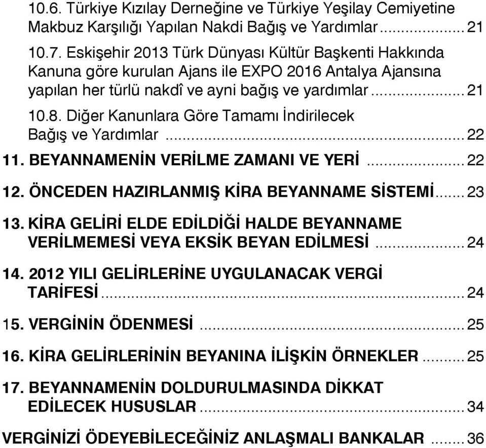 Diğer Kanunlara Göre Tamamı İndirilecek Bağış ve Yardımlar... 22 11. BEYANNAMENİN VERİLME ZAMANI VE YERİ... 22 12. ÖNCEDEN HAZIRLANMIŞ KİRA BEYANNAME SİSTEMİ... 23 13.