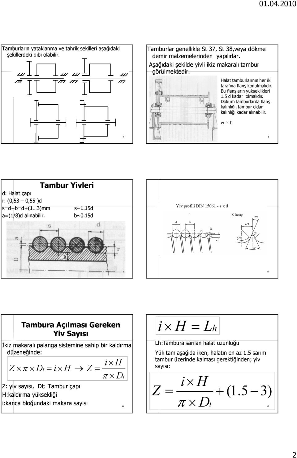 öküm tamburlarda flanş kalınlığı, tambur cidar kalınlığı kadar alınabilir. w h 7 8 d: alat çapı r: (0,5 0,55 )d sd+bd+(1 )mm a(1/8)d alınabilir. Tambur Yivlri s~1.15d b~0.