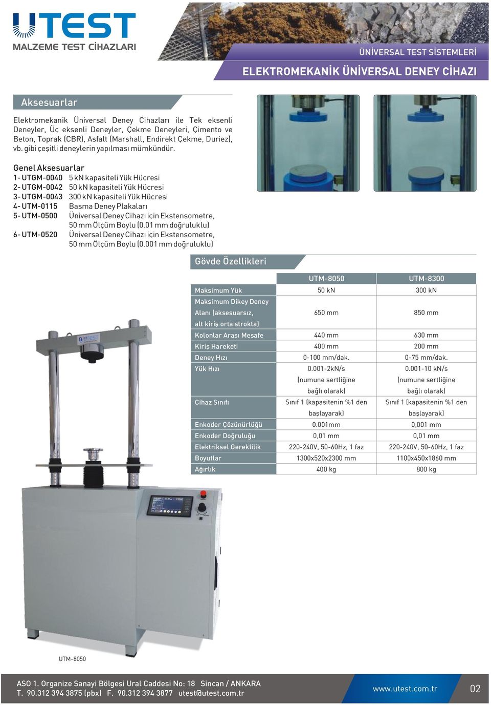 Genel Aksesuarlar 1- UTGM-0040 5 kn kapasiteli Yük Hücresi 2- UTGM-0042 50 kn kapasiteli Yük Hücresi 3- UTGM-0043 300 kn kapasiteli Yük Hücresi 4- UTM-0115 Basma Deney Plakaları 5- UTM-0500 Üniversal