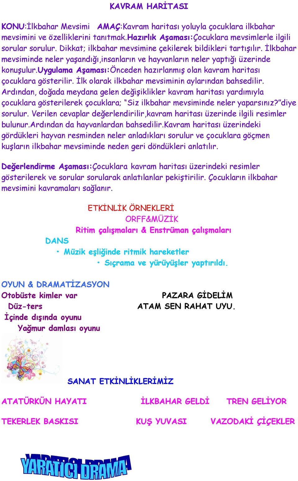 uygulama Aşaması:Önceden hazırlanmış olan kavram haritası çocuklara gösterilir. İlk olarak ilkbahar mevsiminin aylarından bahsedilir.