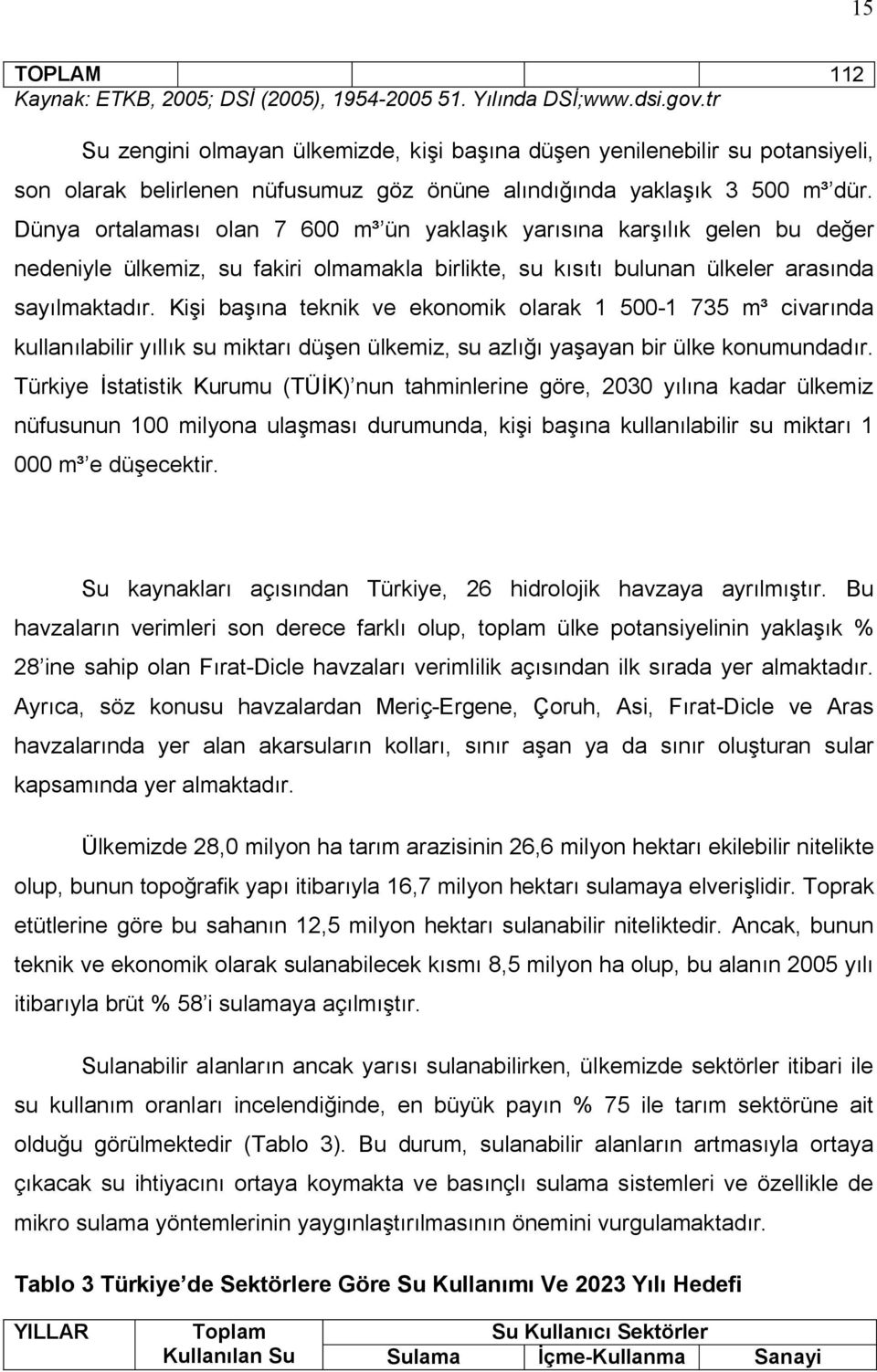 Dünya ortalaması olan 7 600 m³ ün yaklaşık yarısına karşılık gelen bu değer nedeniyle ülkemiz, su fakiri olmamakla birlikte, su kısıtı bulunan ülkeler arasında sayılmaktadır.