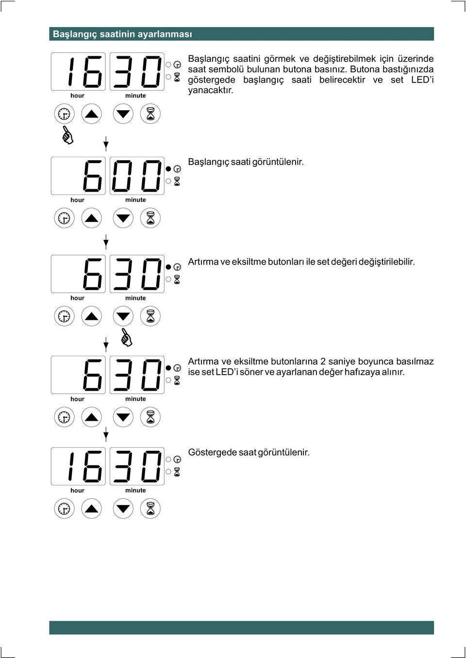 Baþlangýç saati görüntülenir. Artýrma ve eksiltme butonlarý ile set deðeri deðiþtirilebilir.