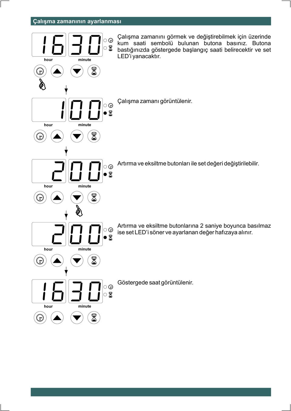 Çalýþma zamaný görüntülenir. Artýrma ve eksiltme butonlarý ile set deðeri deðiþtirilebilir.