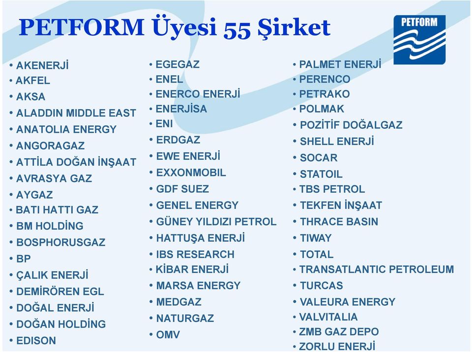 GENEL ENERGY GÜNEY YILDIZI PETROL HATTUŞA ENERJİ IBS RESEARCH KİBAR ENERJİ MARSA ENERGY MEDGAZ NATURGAZ OMV PALMET ENERJİ PERENCO PETRAKO POLMAK POZİTİF