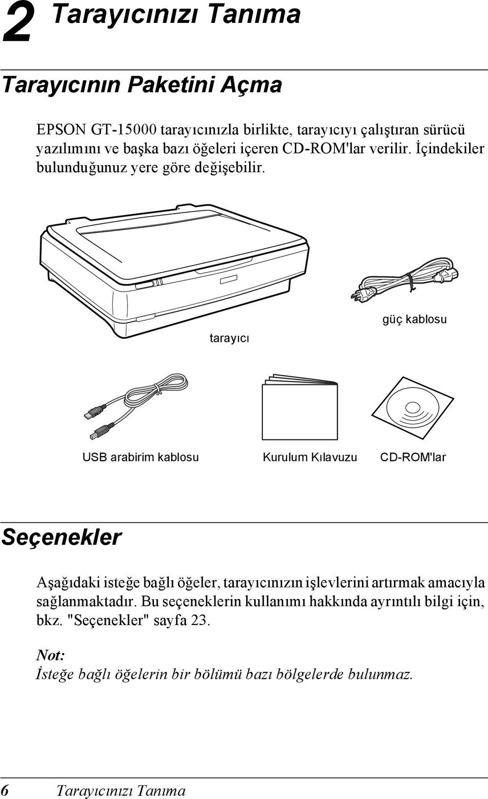 tarayıcı güç kablosu USB arabirim kablosu Kurulum Kılavuzu CD-ROM'lar Seçenekler Aşağıdaki isteğe bağlı öğeler, tarayıcınızın işlevlerini