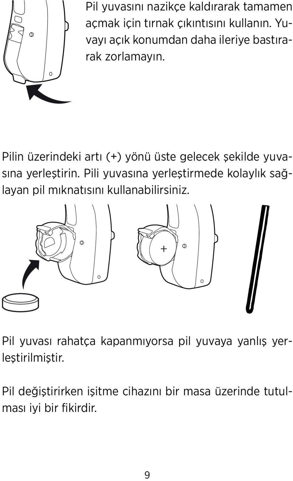 Pilin üzerindeki artı (+) yönü üste gelecek şekilde yuvasına yerleştirin.