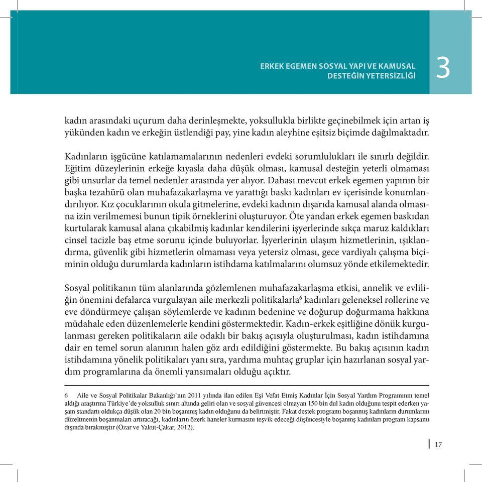 Eğitim düzeylerinin erkeğe kıyasla daha düşük olması, kamusal desteğin yeterli olmaması gibi unsurlar da temel nedenler arasında yer alıyor.