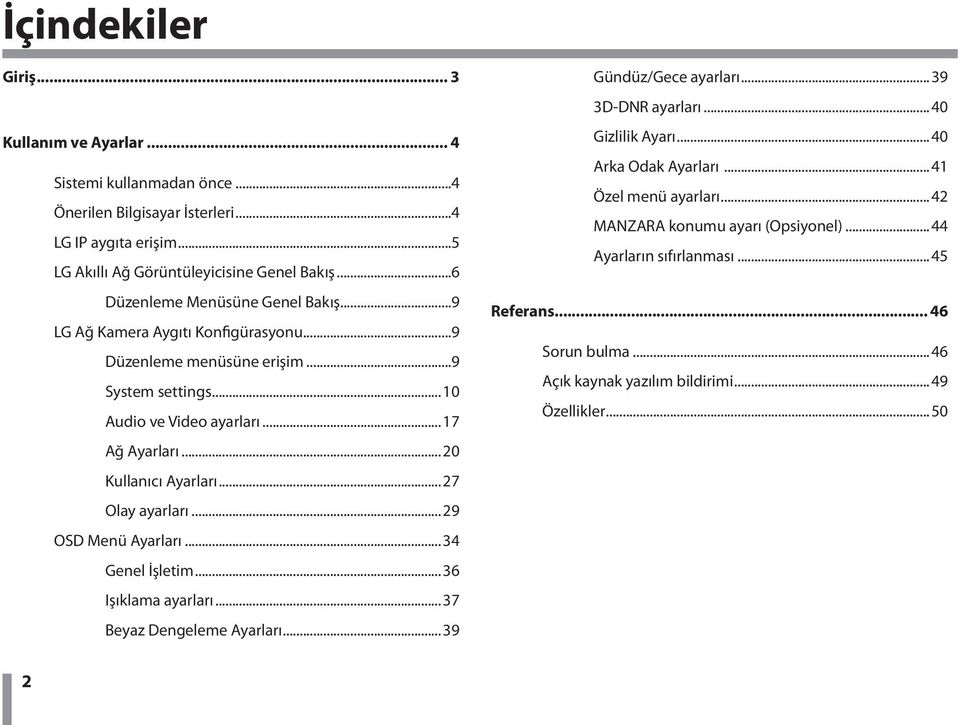 ..20 Kullanıcı Ayarları...27 Olay ayarları...29 OSD Menü Ayarları...34 Genel İşletim...36 Işıklama ayarları...37 Beyaz Dengeleme Ayarları...39 Gündüz/Gece ayarları...39 3D-DNR ayarları.