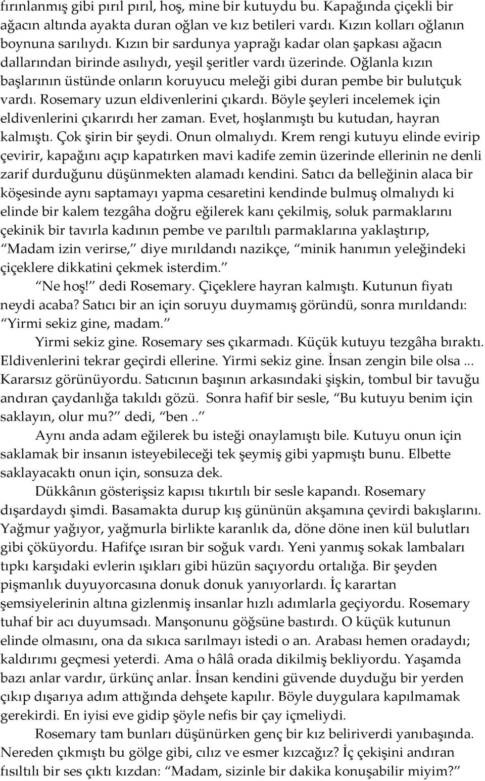 Oğlanla kızın başlarının üstünde onların koruyucu meleği gibi duran pembe bir bulutçuk vardı. Rosemary uzun eldivenlerini çıkardı. Böyle şeyleri incelemek için eldivenlerini çıkarırdı her zaman.