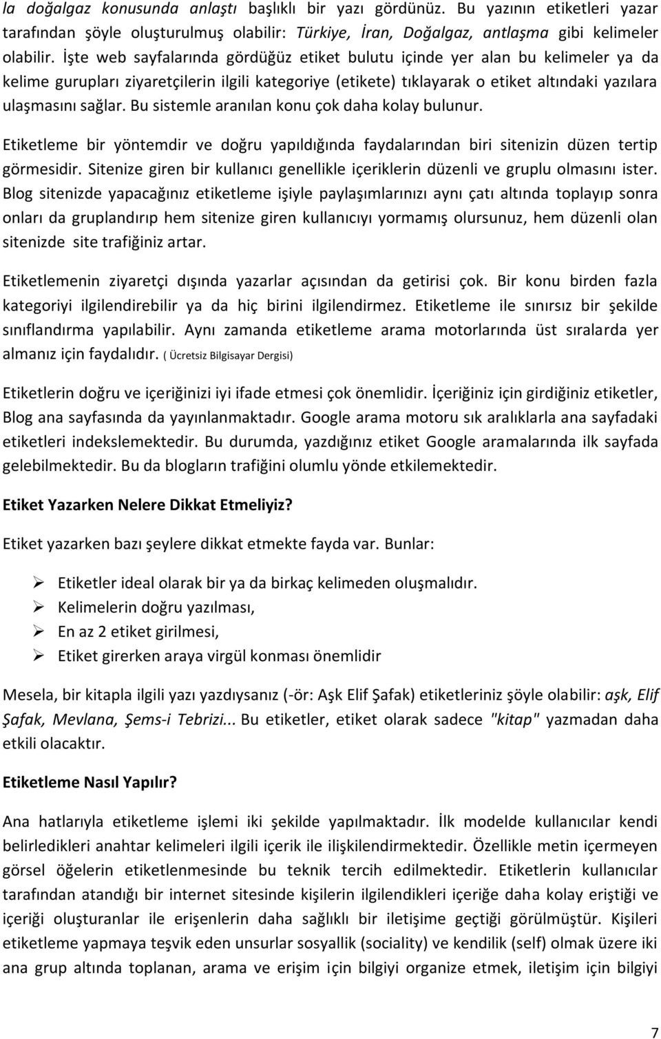 Bu sistemle aranılan konu çok daha kolay bulunur. Etiketleme bir yöntemdir ve doğru yapıldığında faydalarından biri sitenizin düzen tertip görmesidir.