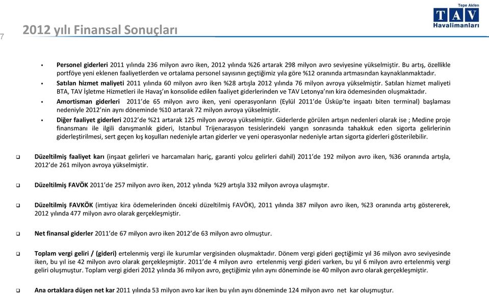 Satılan hizmet maliyeti 2011 yılında 60 milyon avro iken %28 artışla 2012 yılında 76 milyon avroya yükselmiştir.