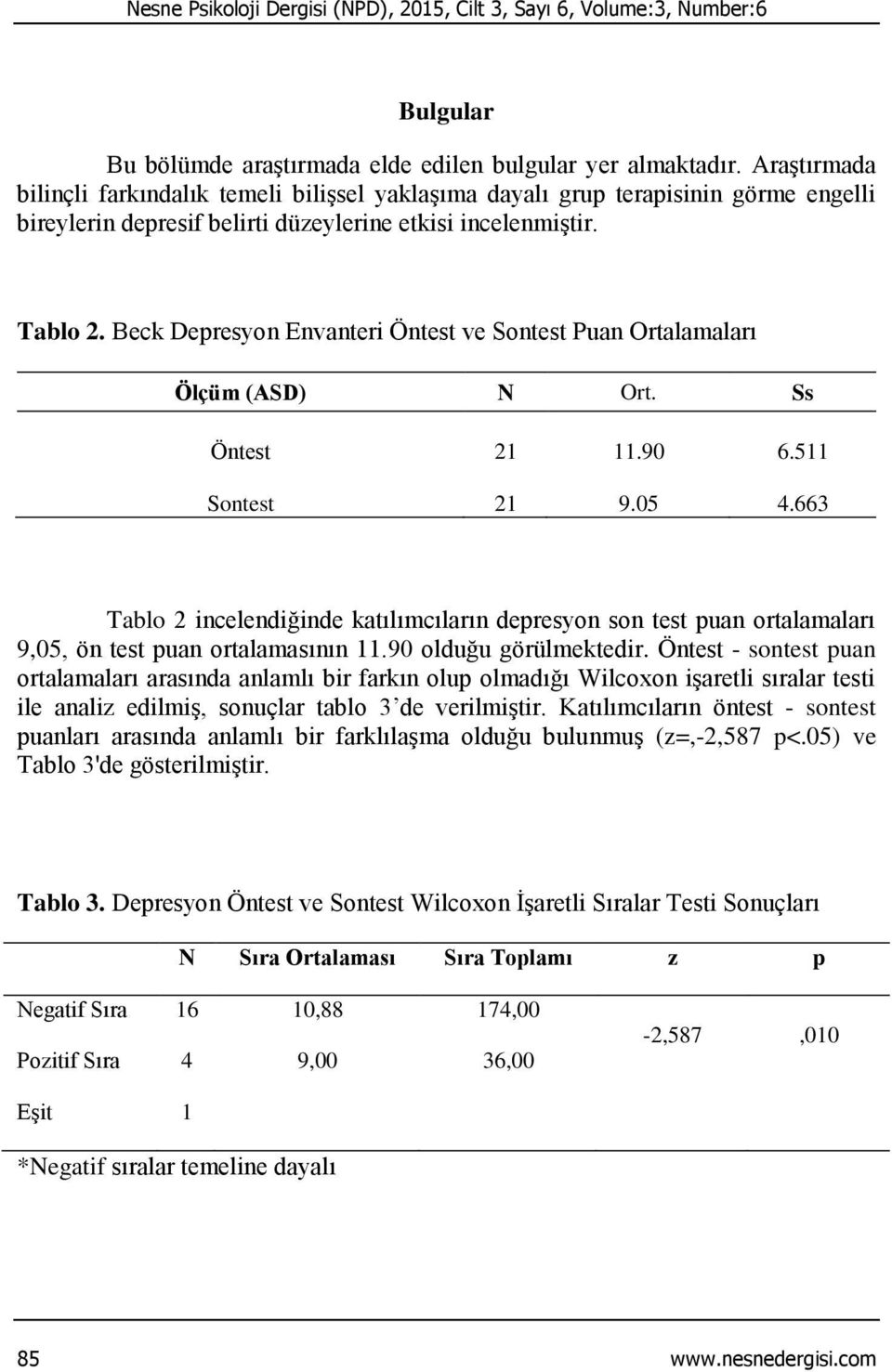 Beck Depresyon Envanteri Öntest ve Sontest Puan Ortalamaları Ölçüm (ASD) N Ort. Ss Öntest 21 11.90 6.511 Sontest 21 9.05 4.