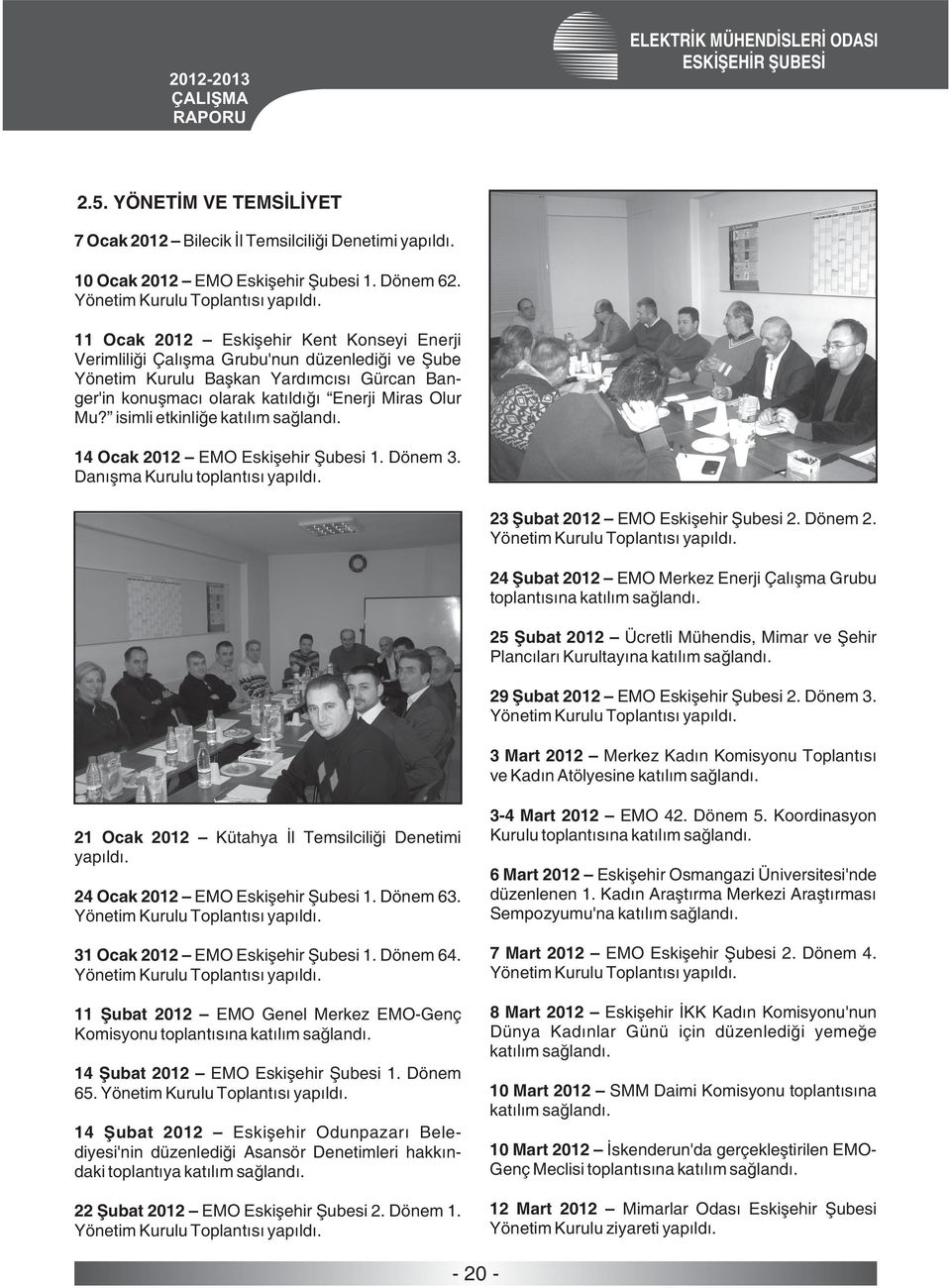 isimli etkinliğe 14 Ocak 2012 EMO Eskişehir Şubesi 1. Dönem 3. Danışma Kurulu toplantısı yapıldı. 23 Şubat 2012 EMO Eskişehir Şubesi 2. Dönem 2. Yönetim Kurulu Toplantısı yapıldı.