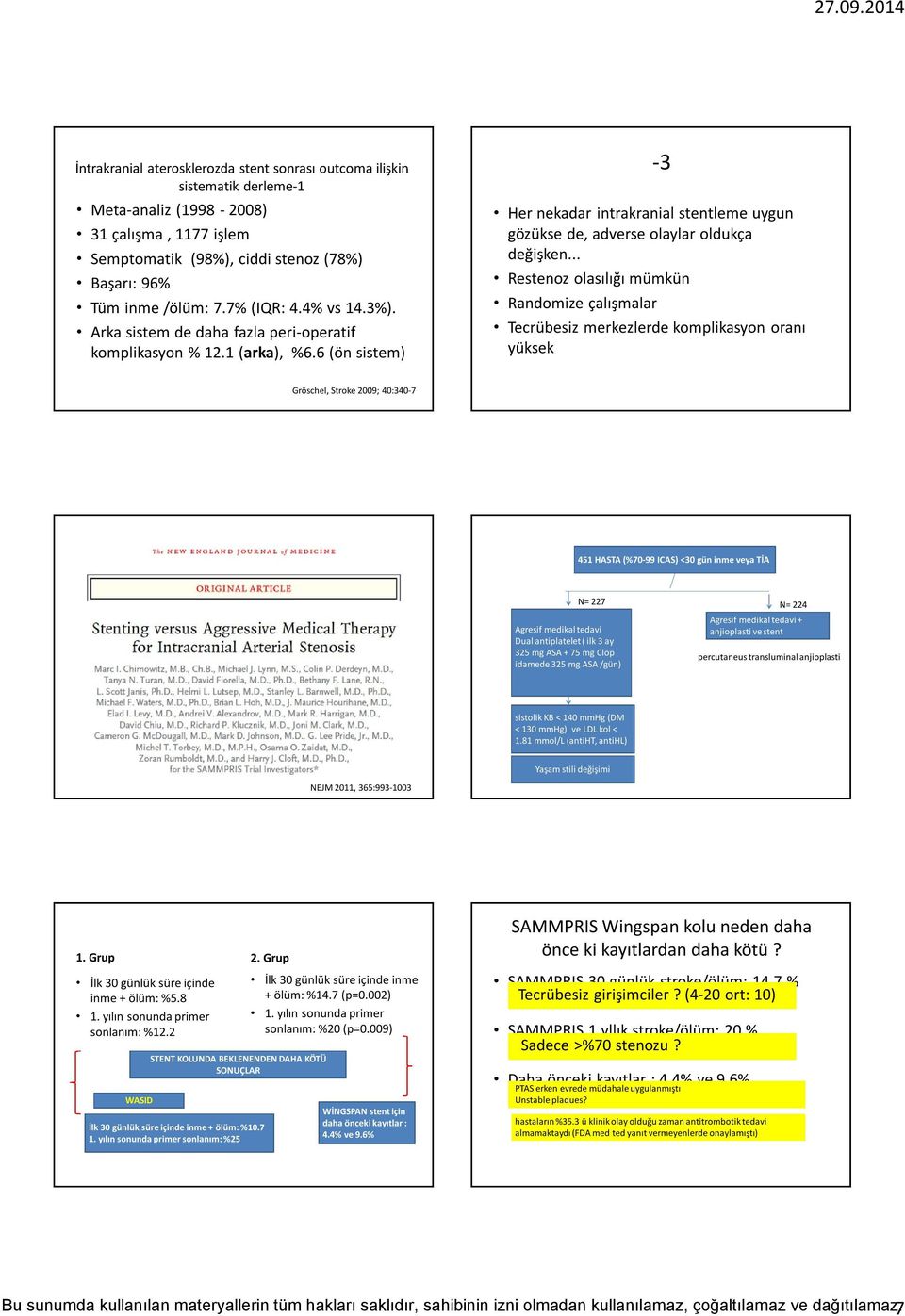 .. Restenoz olasılığı mümkün Randomize çalışmalar Tecrübesiz merkezlerde komplikasyon oranı yüksek Gröschel, Stroke 2009; 40:340-7 451 HASTA (%70-99 ICAS) <30 gün inme veya TİA N= 227 N= 224 Agresif