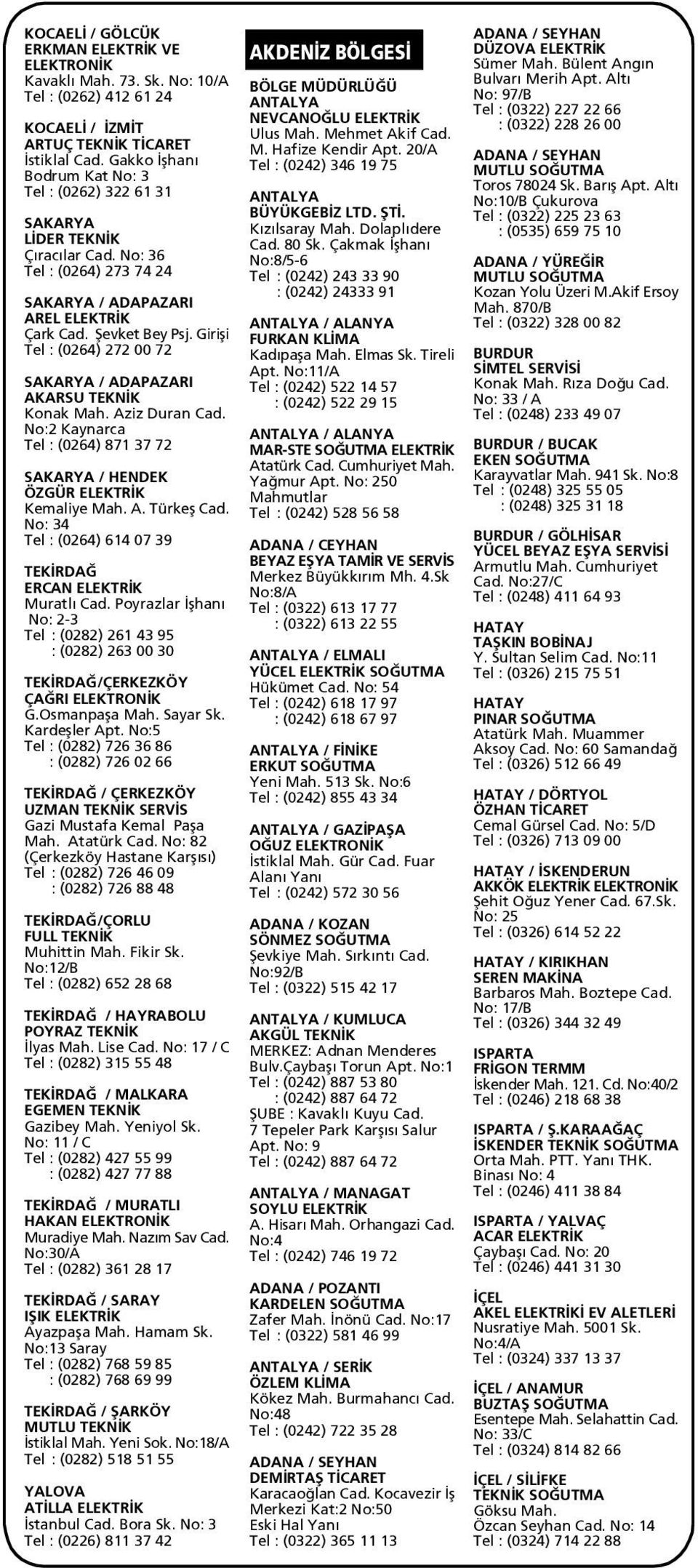 Girifli Tel : (0264) 272 00 72 SAKARYA / ADAPAZARI AKARSU TEKN K Konak Mah. Aziz Duran Cad. No:2 Kaynarca Tel : (0264) 871 37 72 SAKARYA / HENDEK ÖZGÜR ELEKTR K Kemaliye Mah. A. Türkefl Cad.