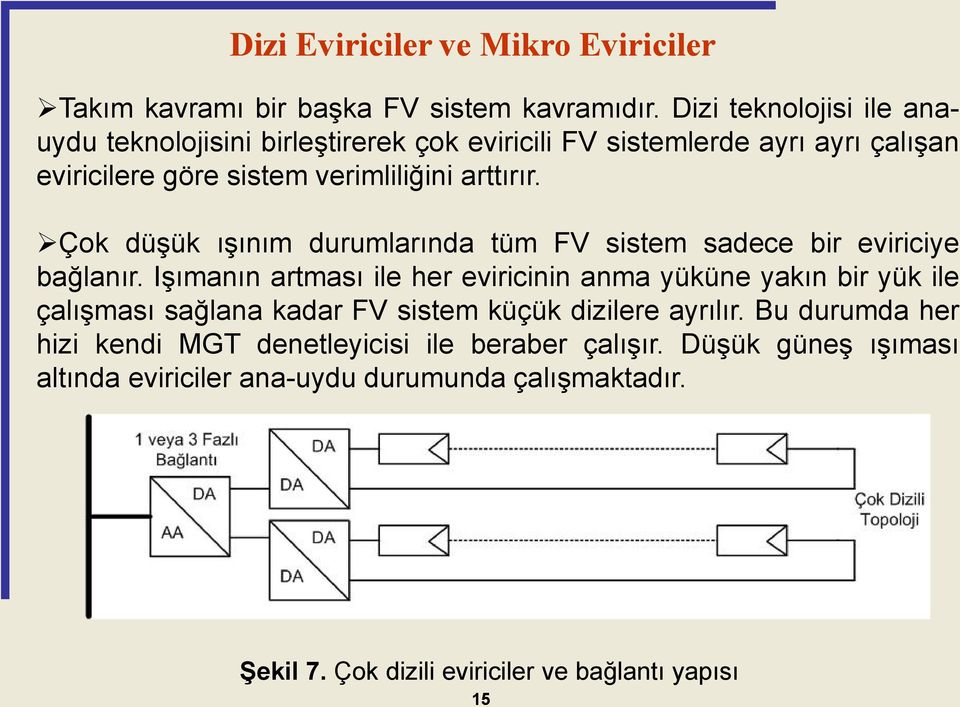 Çok düşük ışınım durumlarında tüm FV sistem sadece bir eviriciye bağlanır.