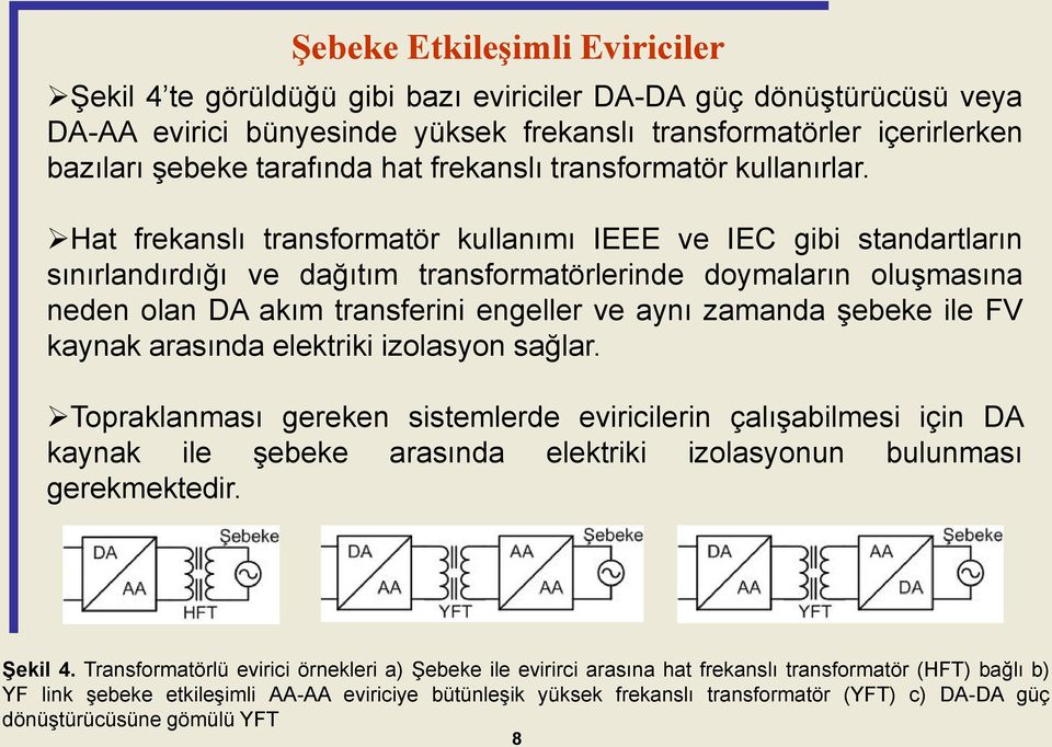 Hat frekanslı transformatör kullanımı IEEE ve IEC gibi standartların sınırlandırdığı ve dağıtım transformatörlerinde doymaların oluşmasına neden olan DA akım transferini engeller ve aynı zamanda