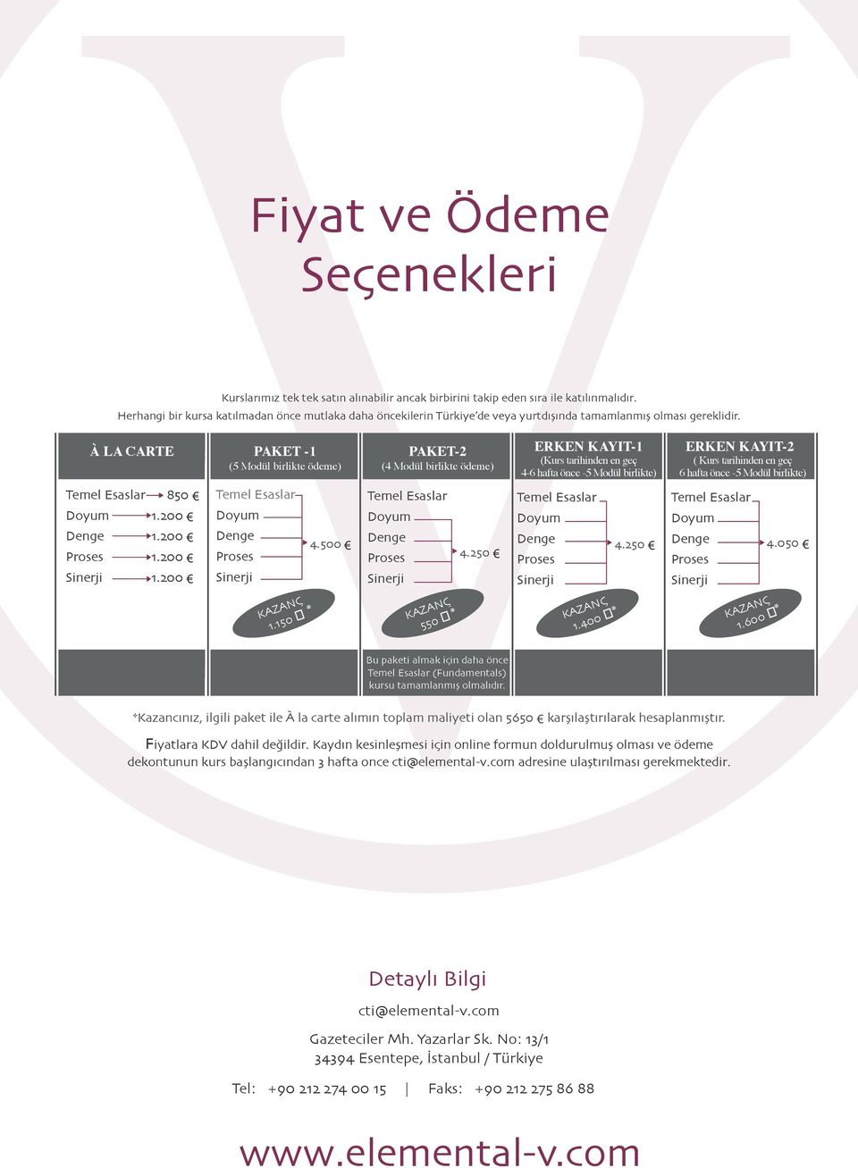 À LA CARTE PAKET -1 (5 Modül birlikte ödeme) PAKET-2 (4 Modül birlikte ödeme) ERKEN KAYIT-1 (Kurs tarihinden en geç 4-6 hafta önce -5 Modül birlikte) ERKEN KAYIT-2 ( Kurs tarihinden en geç 6 hafta