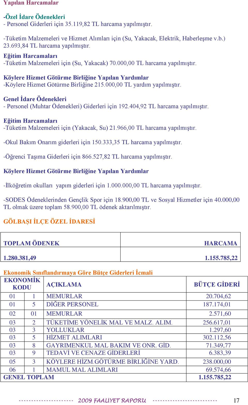 Köylere Hizmet Götürme Birliğine Yapılan Yardımlar -Köylere Hizmet Götürme Birliğine 215.000,00 TL yardım yapılmıģtır. Genel Ġdare Ödenekleri - Personel (Muhtar Ödenekleri) Giderleri için 192.