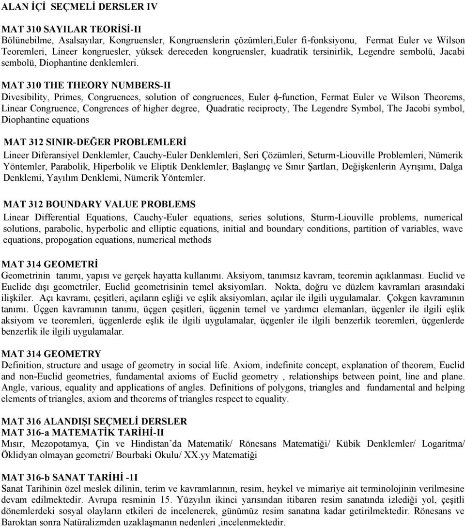 MAT 310 THE THEORY NUMBERS-II Divesibility, Primes, Congruences, solution of congruences, Euler -function, Fermat Euler ve Wilson Theorems, Linear Congruence, Congrences of higher degree, Quadratic