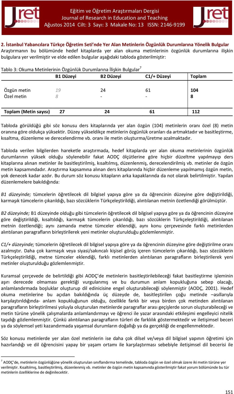 ilişkin bulgulara yer verilmiştir ve elde edilen bulgular aşağıdaki tabloda gösterilmiştir: Tablo : Okuma Metinlerinin Özgünlük Durumlarına İlişkin Bulgular 7 B Düzeyi B Düzeyi C/+ Düzeyi Toplam