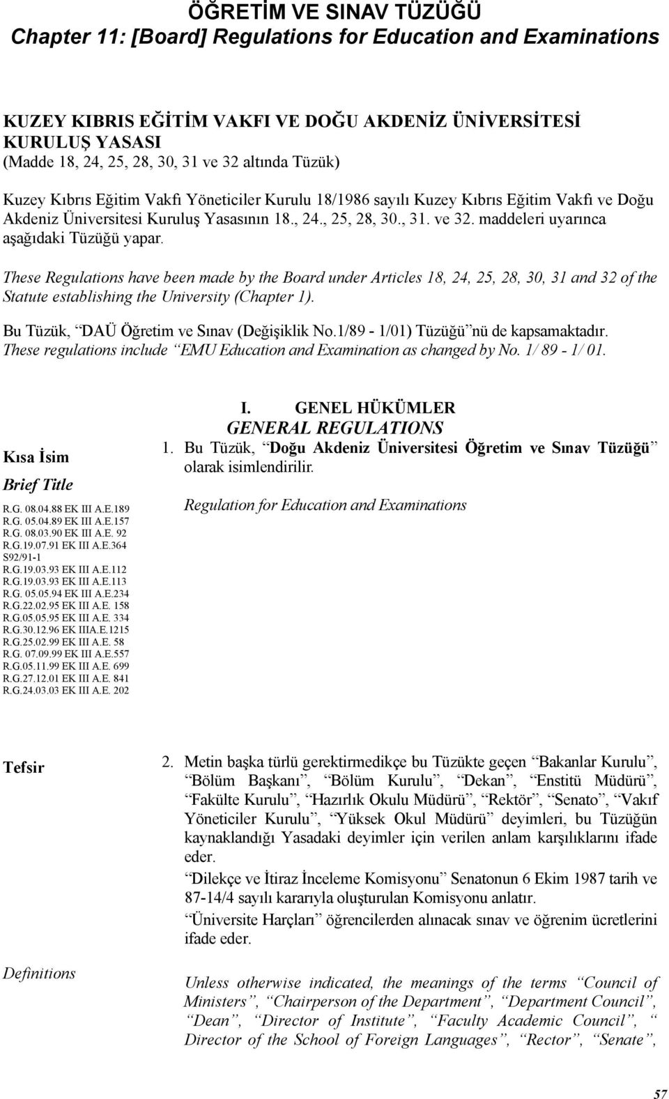 maddeleri uyarınca aşağıdaki Tüzüğü yapar. These Regulations have been made by the Board under Articles 18, 24, 25, 28, 30, 31 and 32 of the Statute establishing the University (Chapter 1).