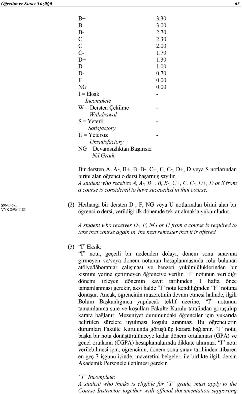 D+, D veya S notlarından birini alan öğrenci o dersi başarmış sayılır. A student who receives A, A-, B+, B, B-, C+, C, C-, D+, D or S from a course is considered to have succeeded in that course.