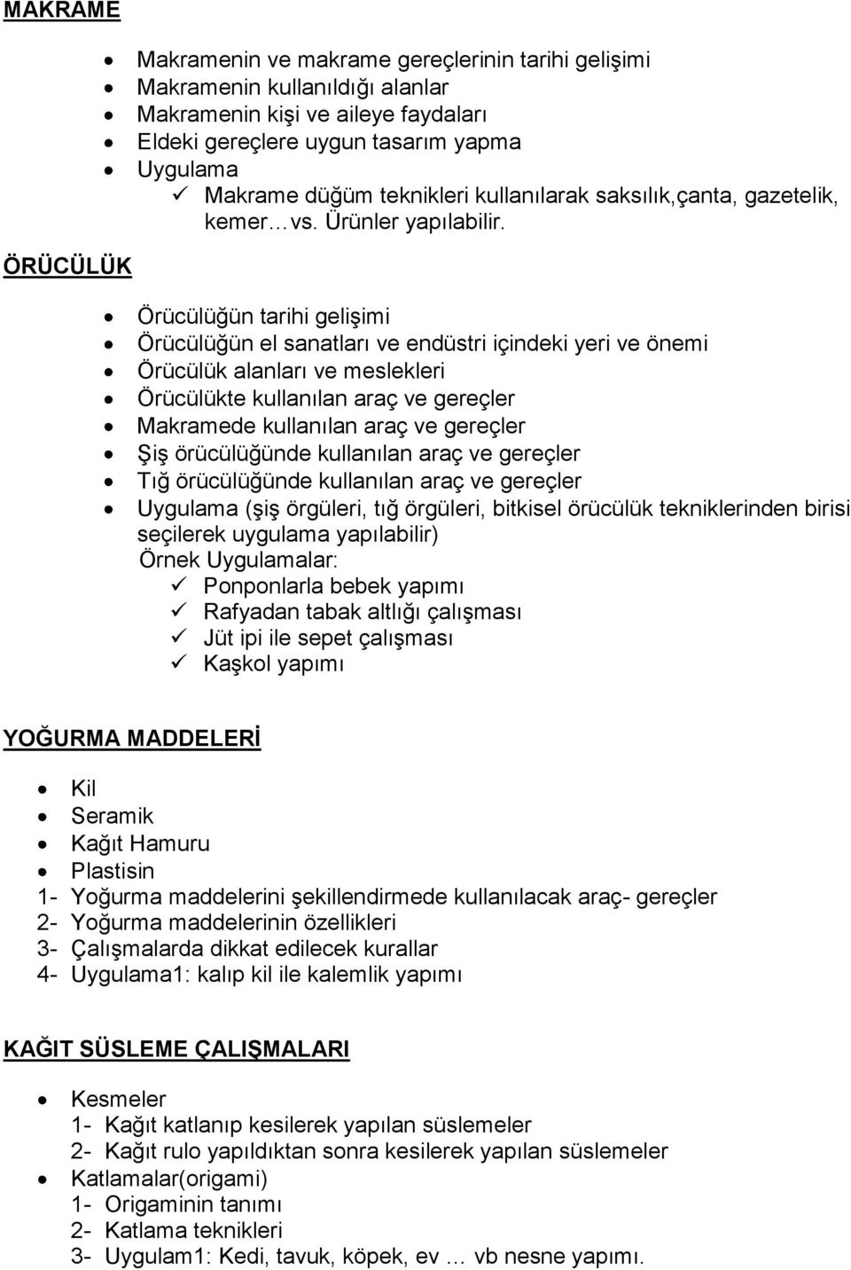 ÖRÜCÜLÜK Örücülüğün tarihi gelişimi Örücülüğün el sanatları ve endüstri içindeki yeri ve önemi Örücülük alanları ve meslekleri Örücülükte kullanılan araç ve gereçler Makramede kullanılan araç ve