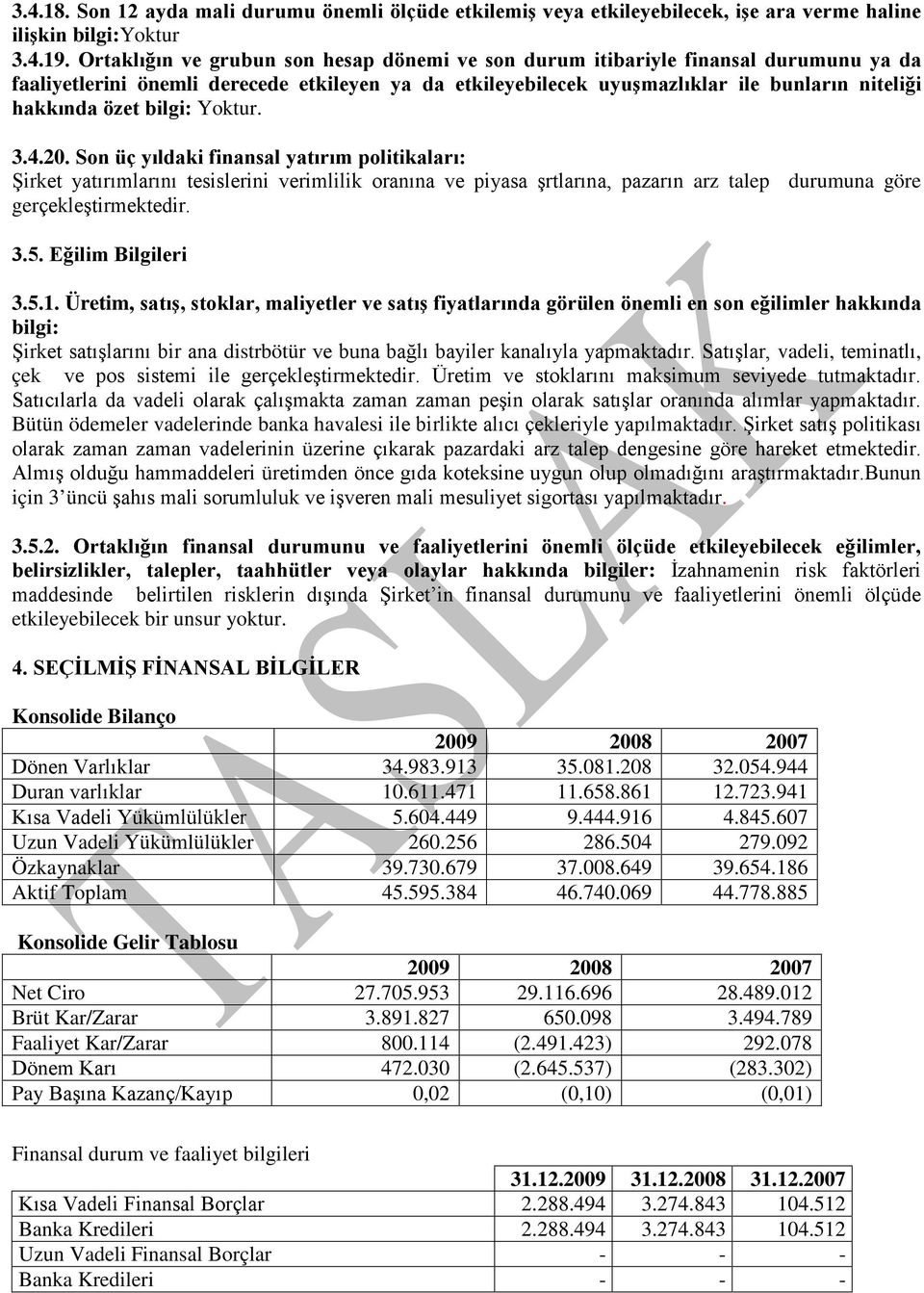 bilgi: Yoktur. 3.4.20. Son üç yıldaki finansal yatırım politikaları: Şirket yatırımlarını tesislerini verimlilik oranına ve piyasa şrtlarına, pazarın arz talep durumuna göre gerçekleştirmektedir. 3.5.