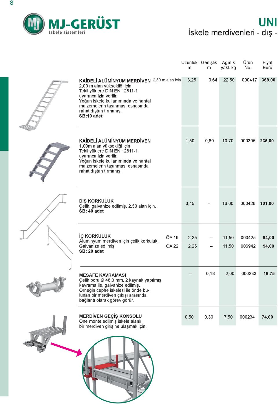 SB:10 adet 2,50 alan için 3,25 0,64 22,50 000417 369,00 KAİDELİ ALÜMİNYUM MERDİVEN 1,00 alan yüksekliği için Tekil yüklere DIN EN 12811-1 uyarınca izin verilir.