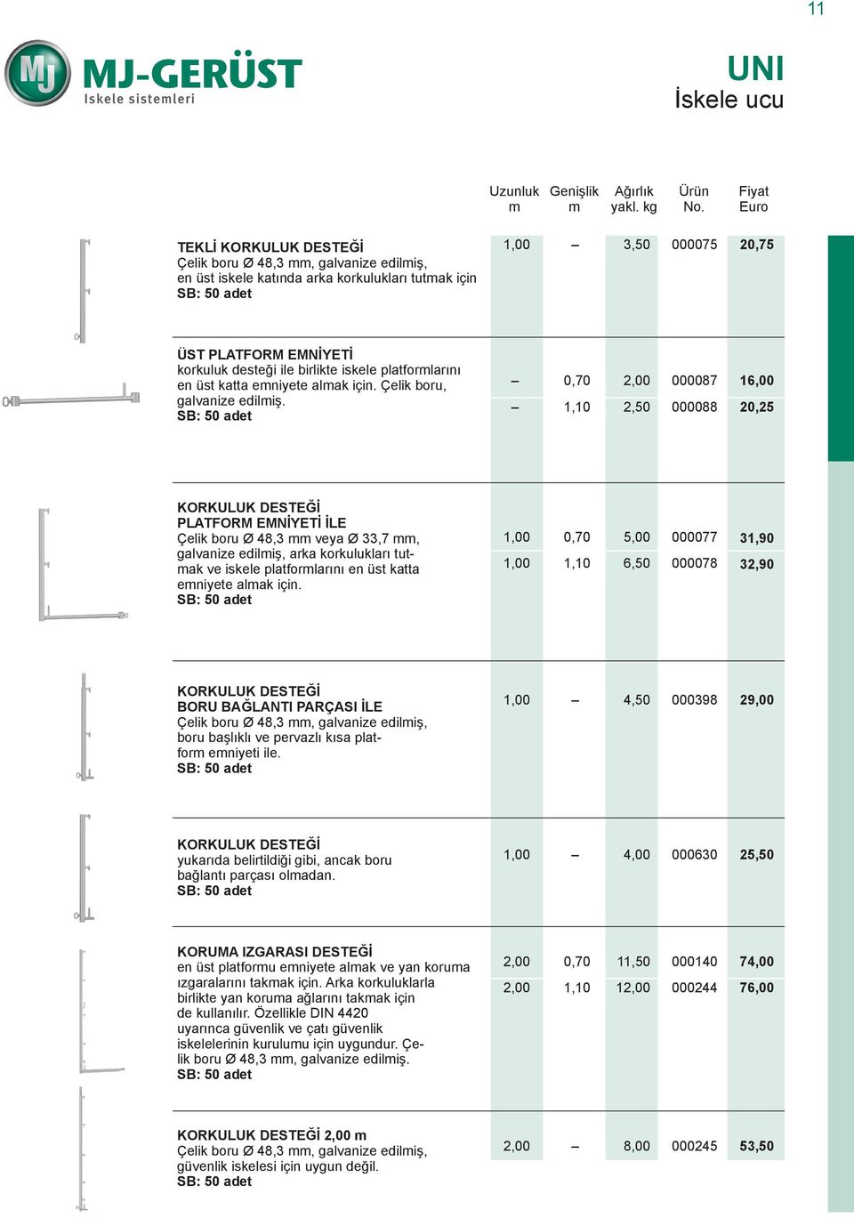 SB: 50 adet 0,70 2,00 000087 16,00 1,10 2,50 000088 20,25 KORKULUK DESTEĞİ PLATFORM EMNİYETİ İLE Çelik boru Ø 48,3 veya Ø 33,7, galvanize ediliş, arka korkulukları tutak ve iskele platforlarını en
