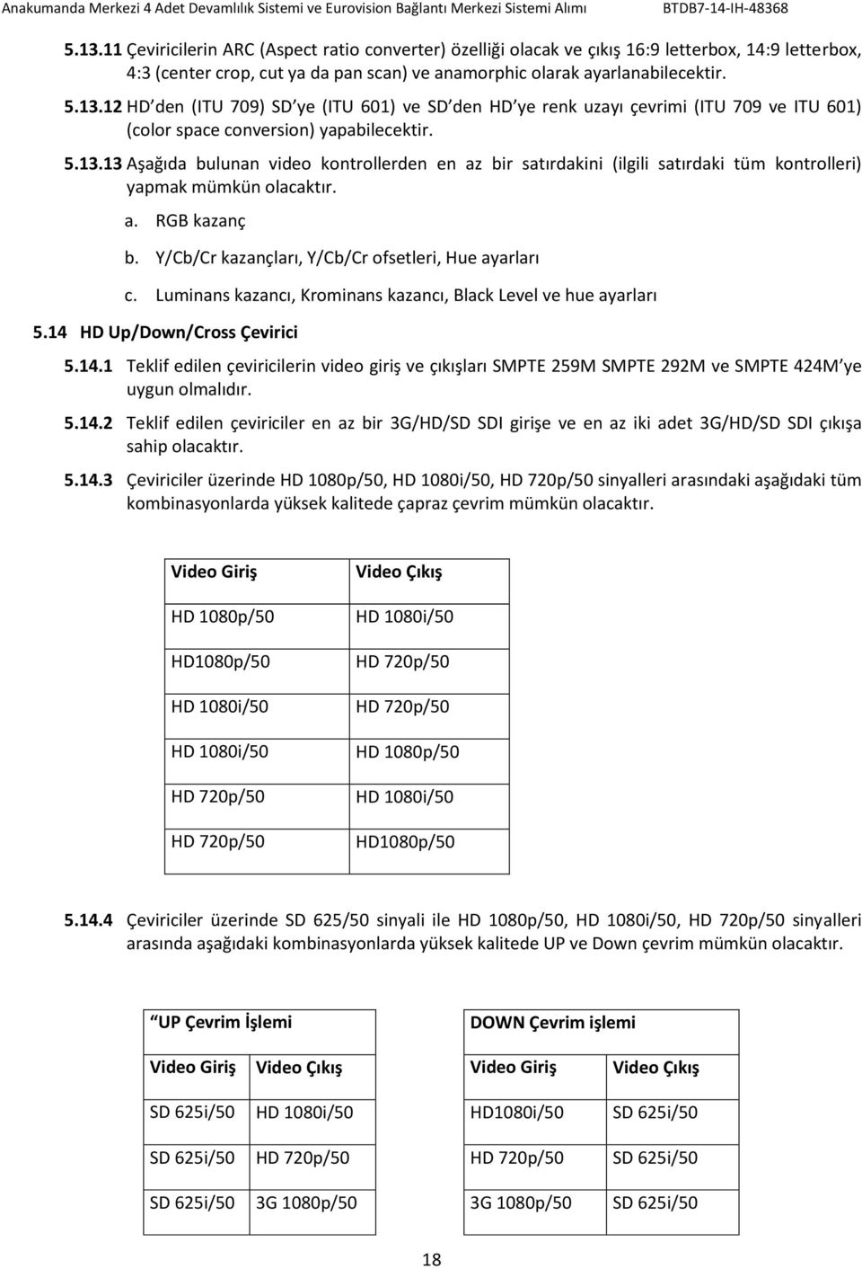 Luminans kazancı, Krominans kazancı, Black Level ve hue ayarları 5.14 HD Up/Down/Cross Çevirici 5.14.1 Teklif edilen çeviricilerin video giriş ve çıkışları SMPTE 259M SMPTE 292M ve SMPTE 424M ye uygun olmalıdır.